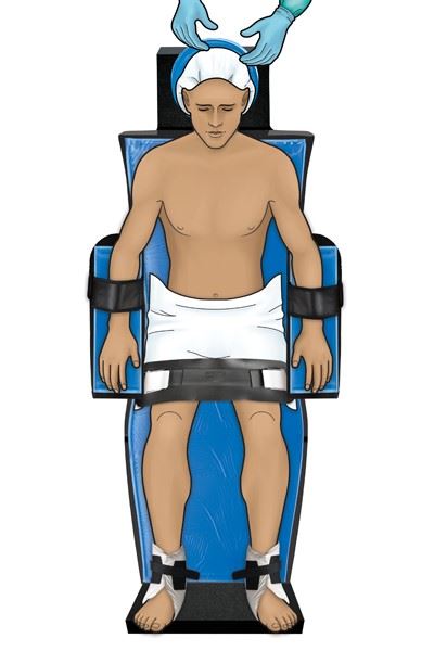 graphic of patient laying in fowlers position with patient safety straps