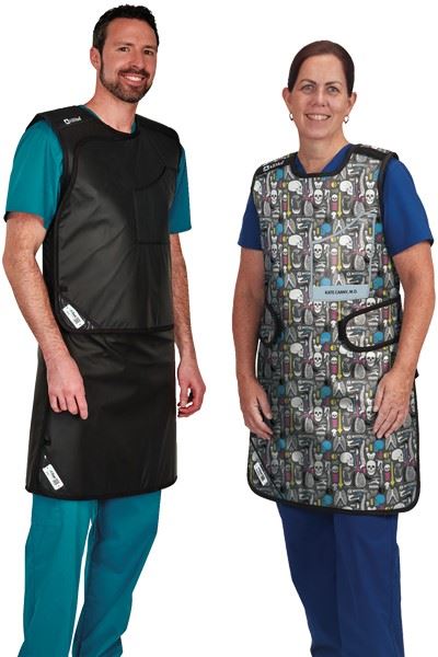 man and woman wearing radiation aprons
