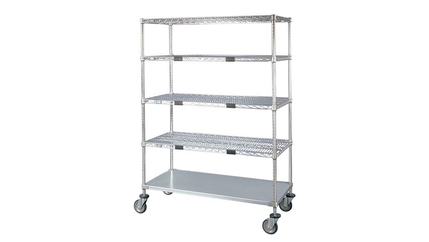 Nexel® Wire Shelf Exchange Cart with 4 Wire Shelves & One Solid Shelf