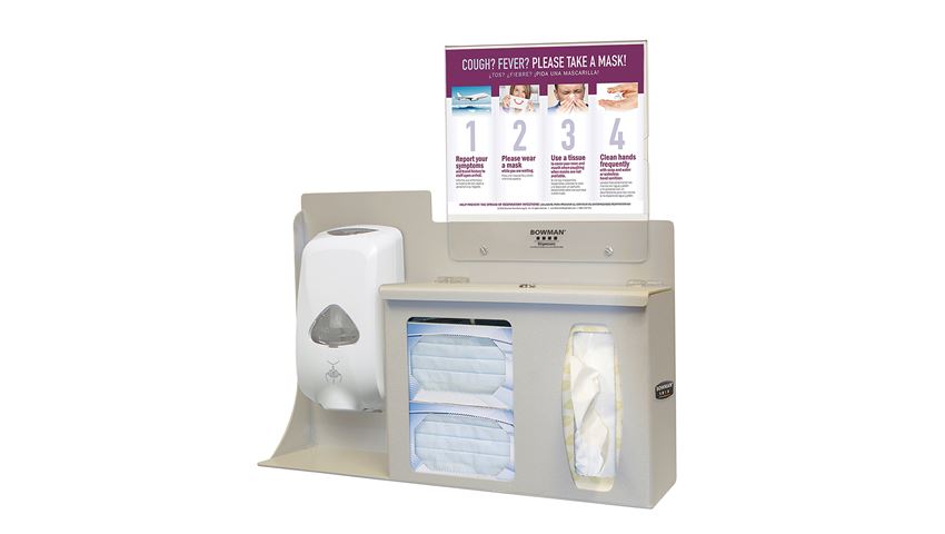 Bowman® Cover Your Cough Compliance Kit, Counter/Wall, Sanitizer Disp. Mount, Horiz. Sign