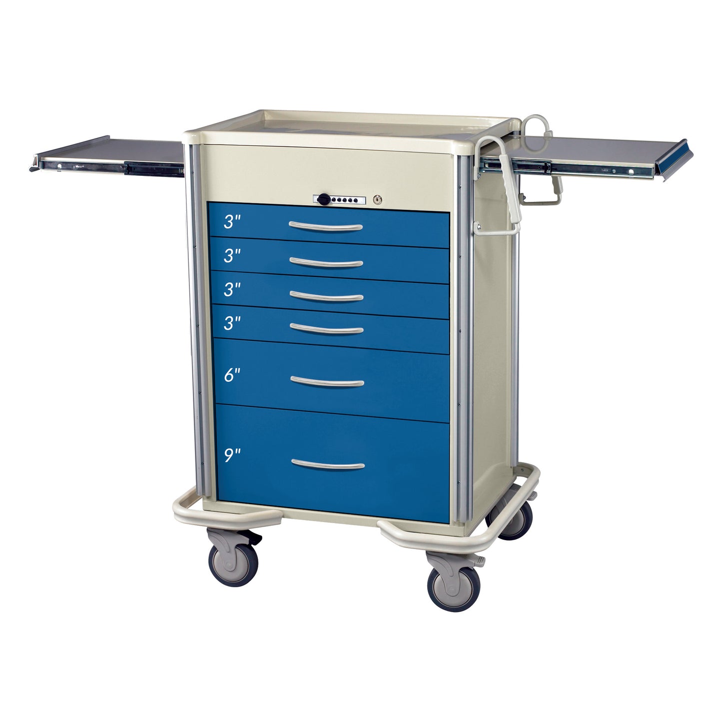 Anesthesia/Procedure Cart with Push-Button Lock, 27" Drawer Space, featuring extendable side trays and caster wheels.