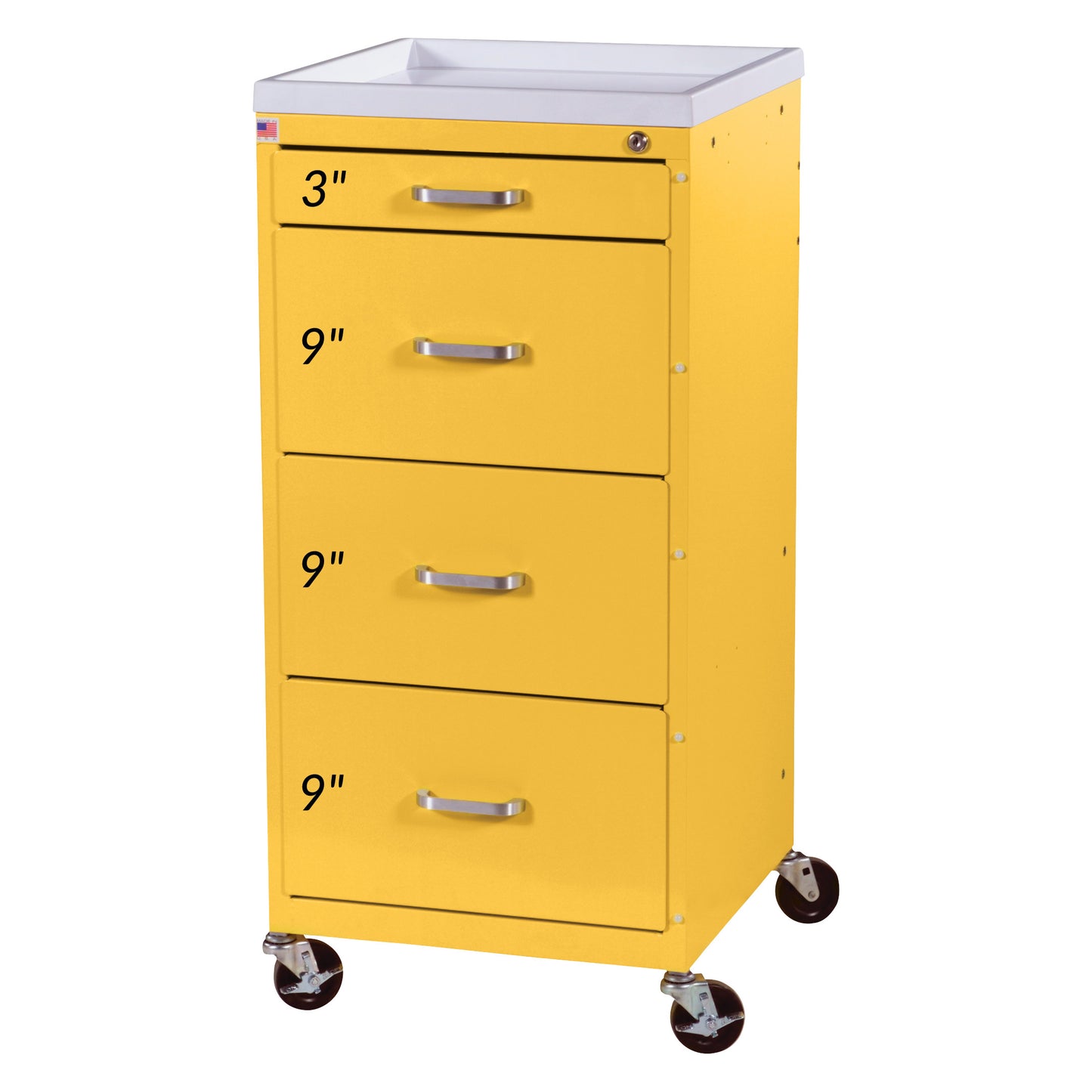 The AliMed Quick Ship Mini Series 4-Drawer Isolation Cart with Key Lock is yellow, has three 9" drawers, and one 3" drawer on wheels.