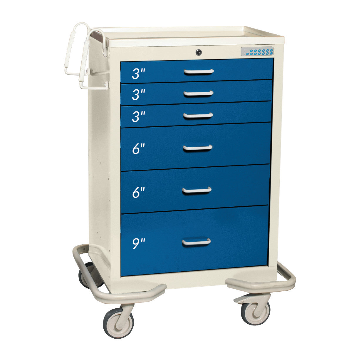 AliMed Standard Series 6-Drawer Anesthesia/Procedure Cart with Electronic Lock, 30' Drawer Space; blue drawers, white frame.