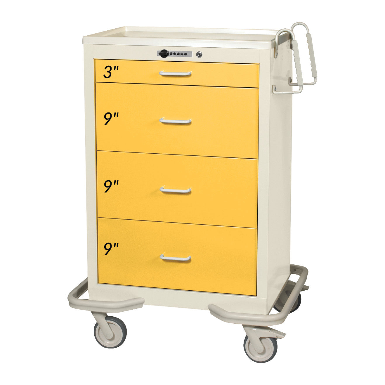 AliMed Standard Series 4-Drawer Isolation Cart with Push-Button Lock, featuring one 3' drawer and three 9' drawers, on wheels.