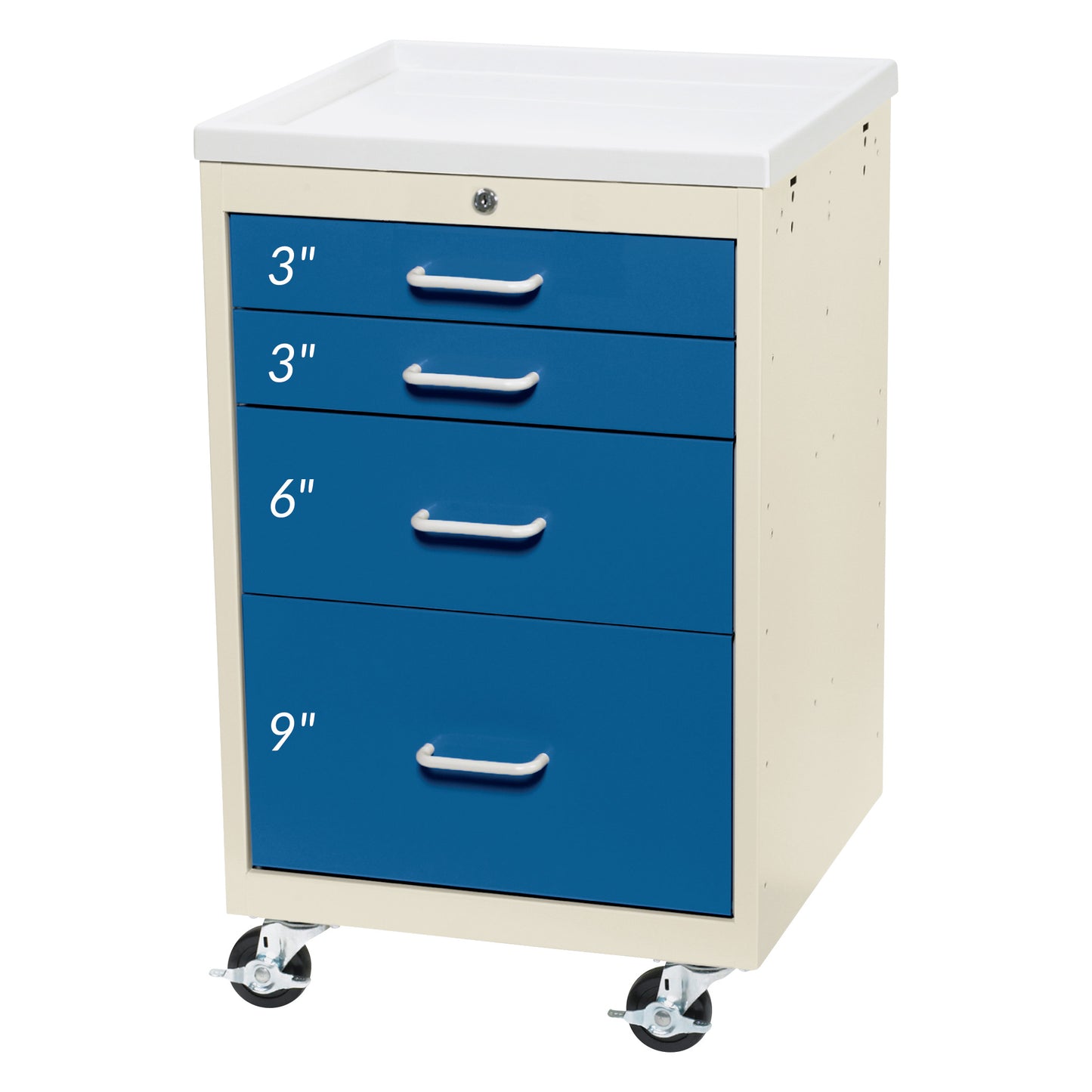 AliMed Mini Series 4-Drawer Anesthesia/Procedure Cart with Key Lock features blue drawers labeled 3', 3', 6', 9' on wheels.