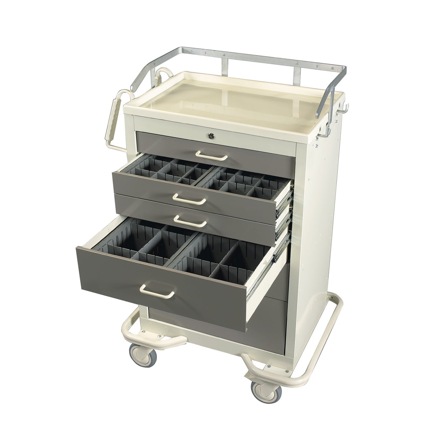 An AliMed Cart Accessory: Drawer Tray Kit for Select/Standard/Wide Series Medical Carts. It has open drawers and wheels.