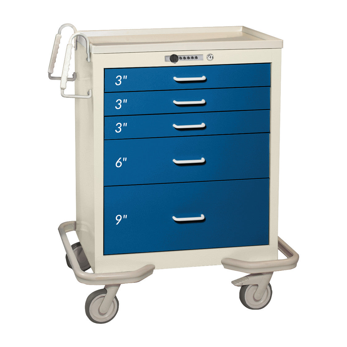 AliMed Standard Series 5-Drawer Anesthesia/Procedure Cart with Push-Button Lock, featuring blue drawers labeled by size, on wheels.
