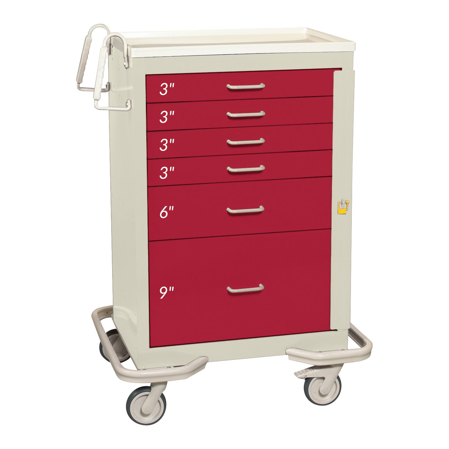 AliMed Standard Series 6-Drawer Emergency Cart with red drawers labeled by height: four 3', one 6', and one 9'.