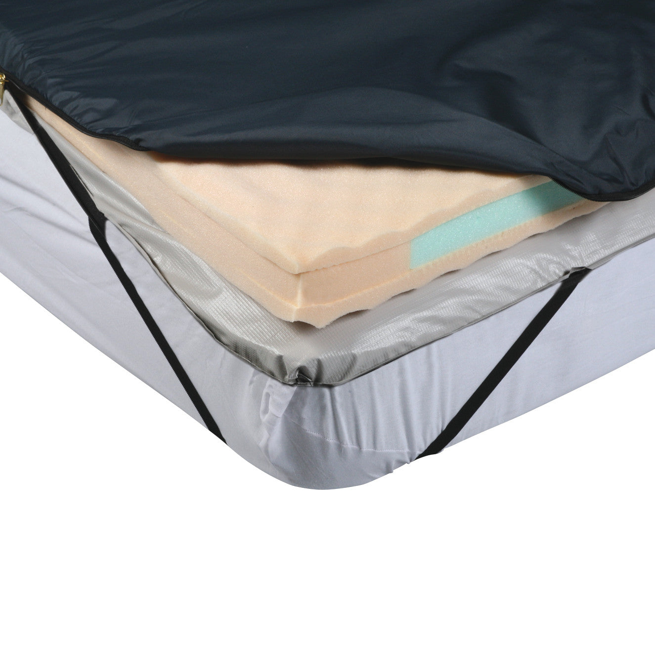 Drive Medical Premium Gel/Foam Overlay on a mattress features black straps to secure its layers of foam and gel beneath a dark cover.