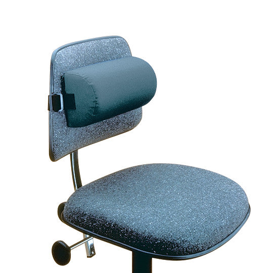 An office chair features The Original McKenzie D-Section Lumbar Roll attached to the backrest for ergonomic support.