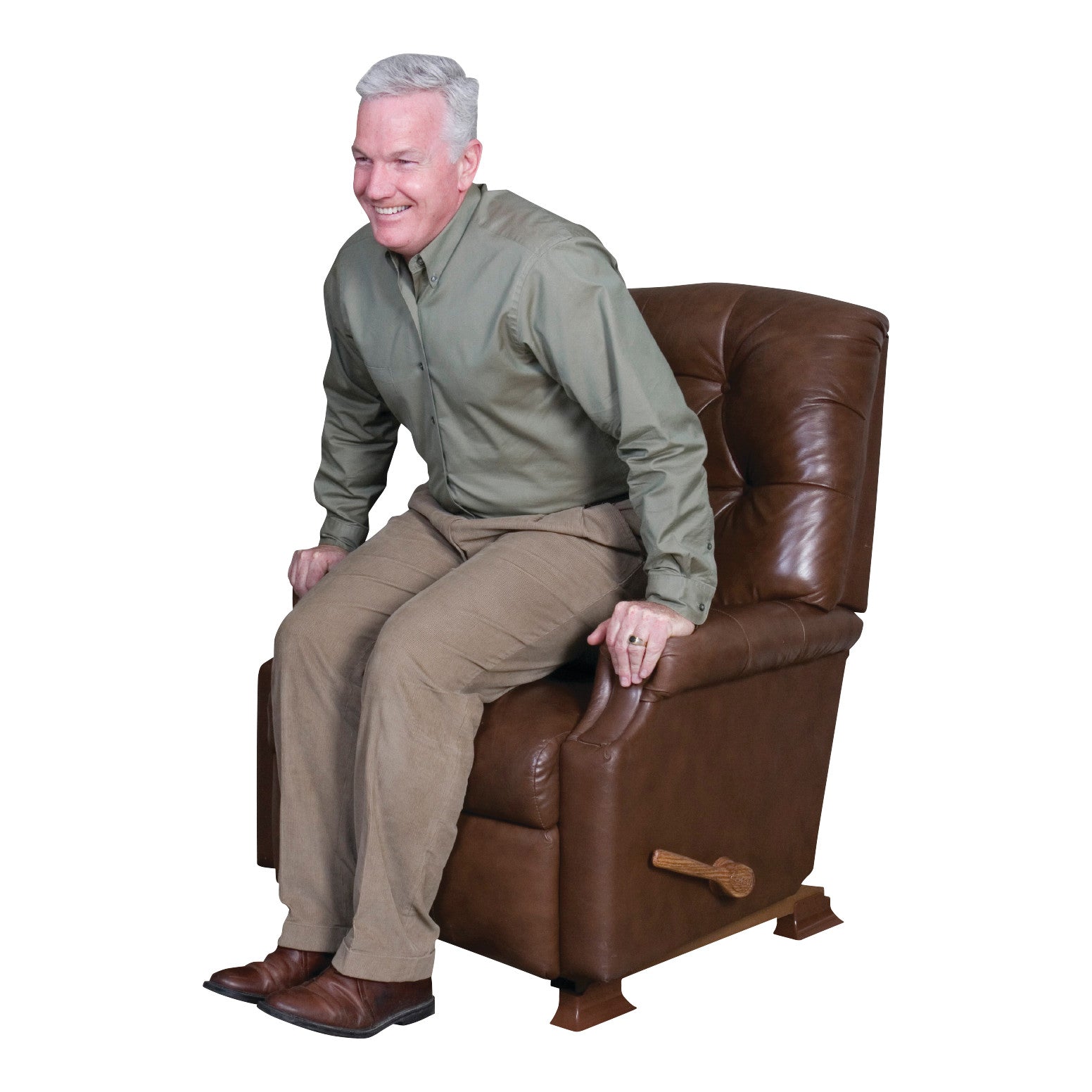 A man sitting on a brown Recliner Riser chair with a wooden lever, demonstrating its assisted lift feature.
