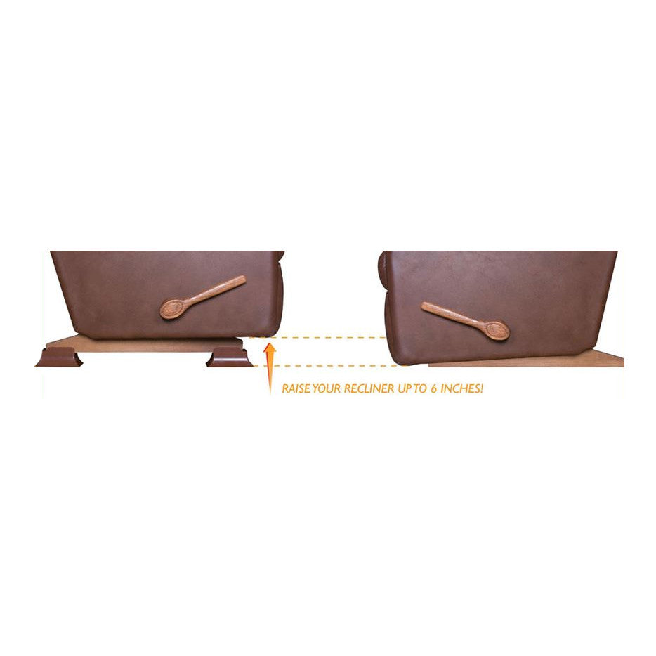 Recliner Riser elevates a recliner up to 6 inches, shown with a brown recliner raised on the left and at normal height on the right.