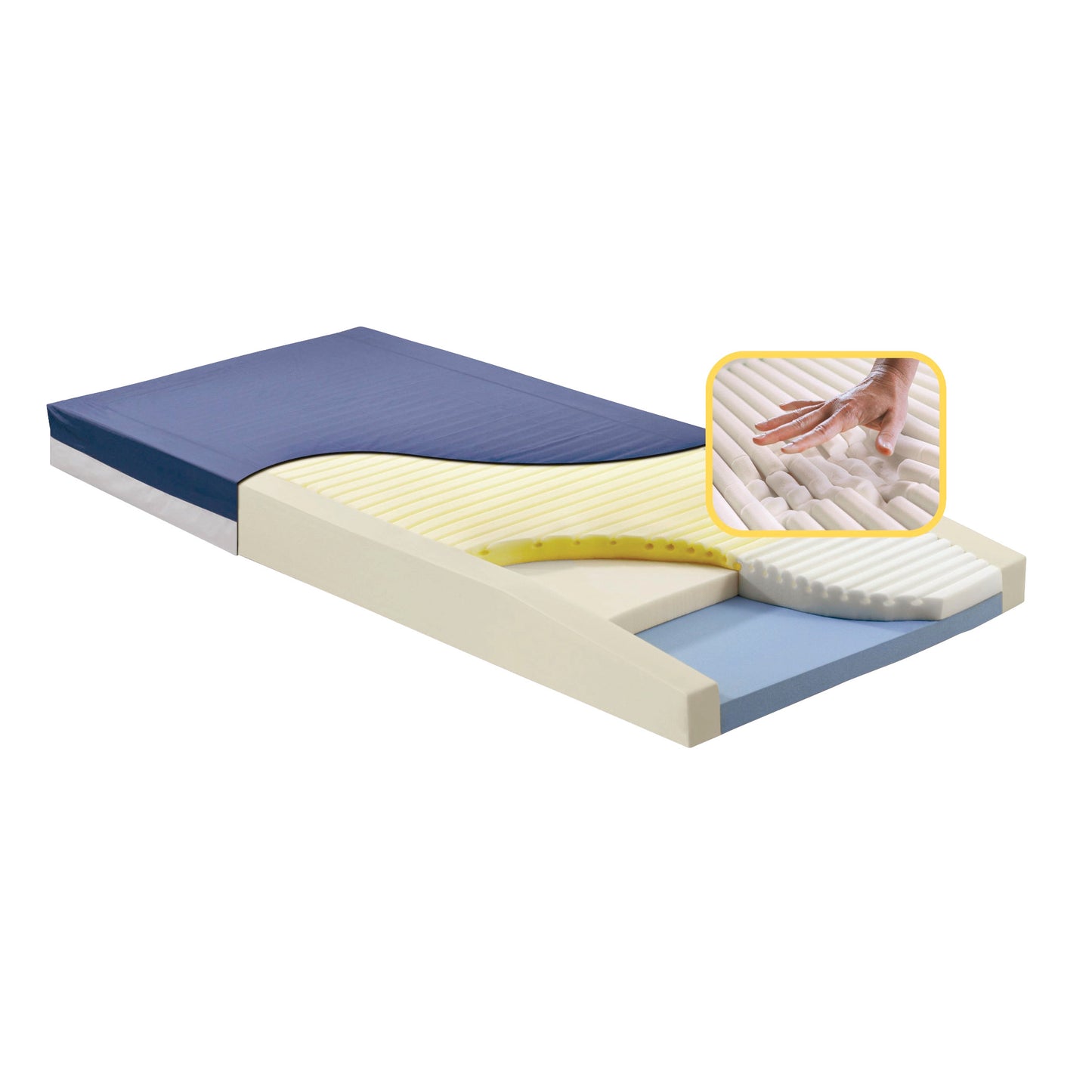 Geo-Mattress Max Therapeutic Foam Mattress with layers exposed, highlighting a hand pressing its textured, cushioned surface.