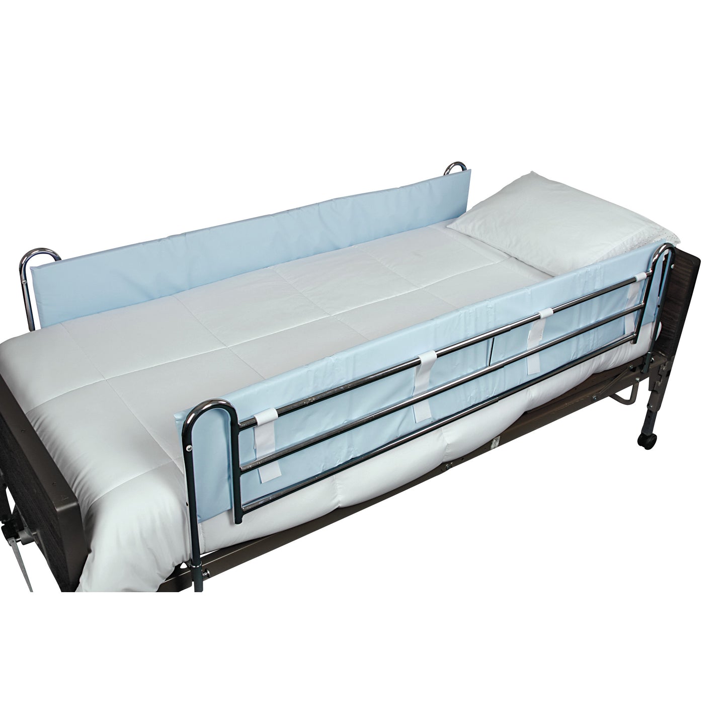 A hospital bed with a white sheet, featuring the NYOrtho Side Rail Bumper in light blue on the metal side rails for protection.