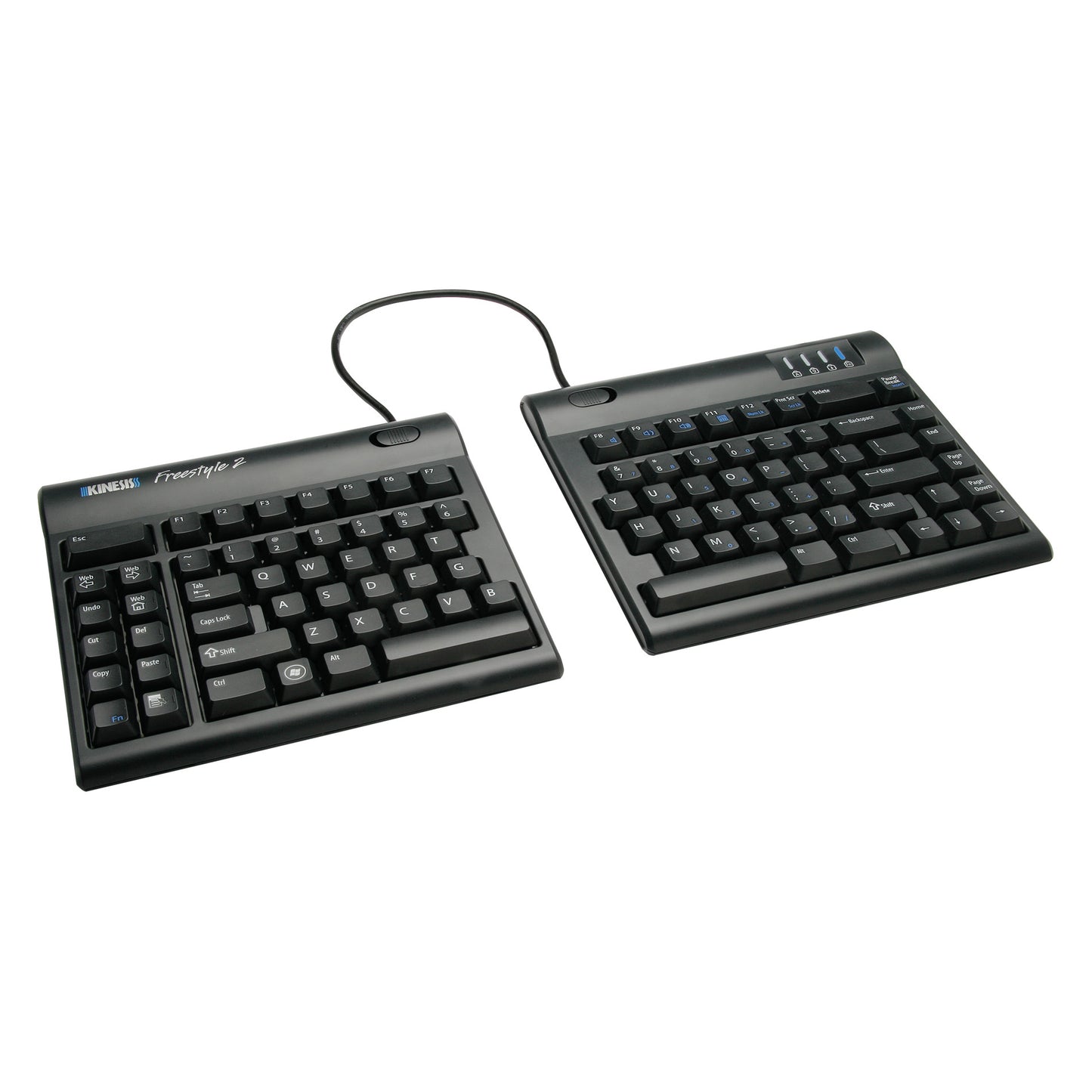 The Kinesis Freestyle2 USB Keyboard is a split ergonomic keyboard with a connecting cable, designed for comfortable typing.