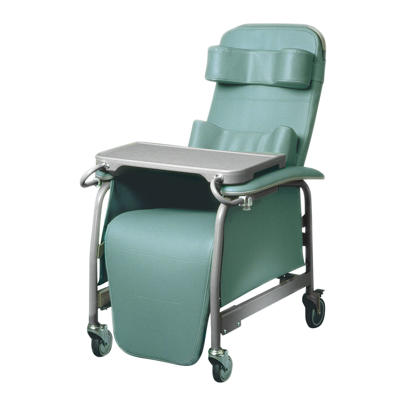 The Lumex Preferred Care Recliner is a green padded chair with a tray table, headrest, and wheels for mobility.