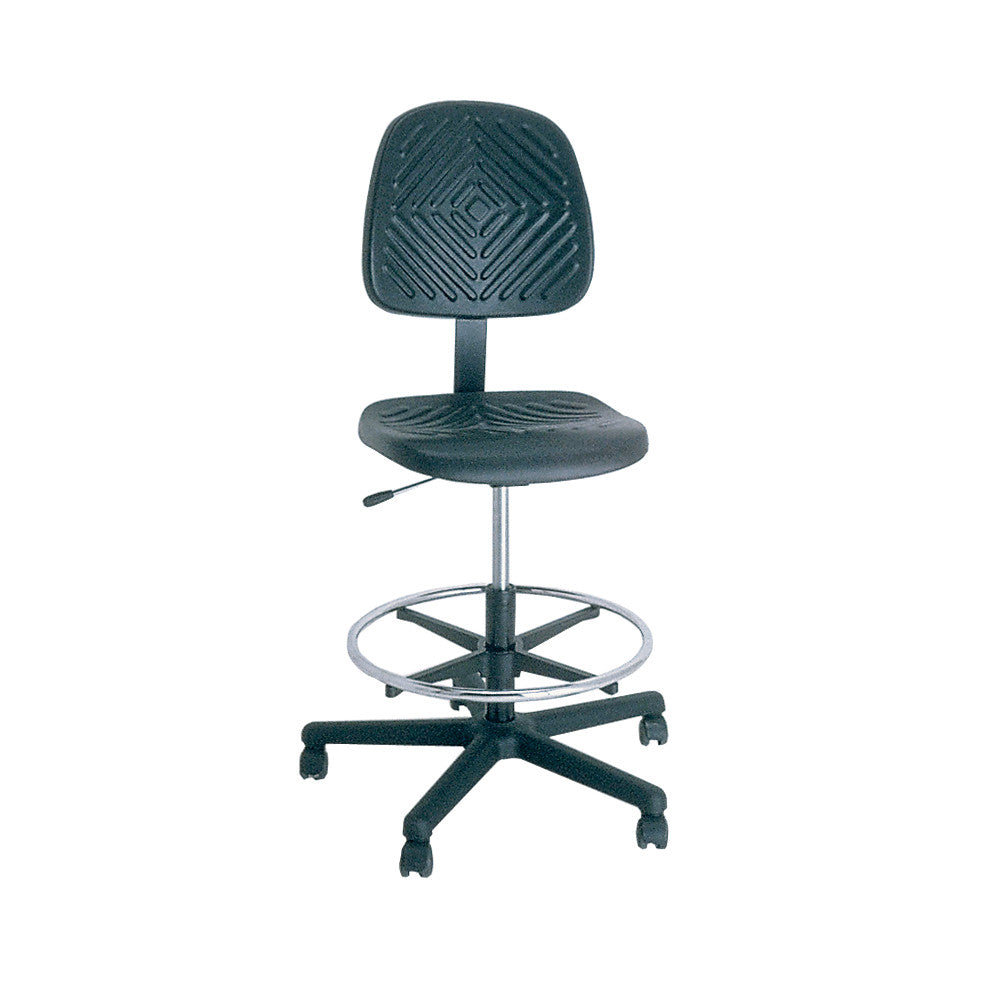 The Cramer Rhino Task Chair is a black, ergonomic task chair with a foot ring and wheels, designed for comfort and functionality.