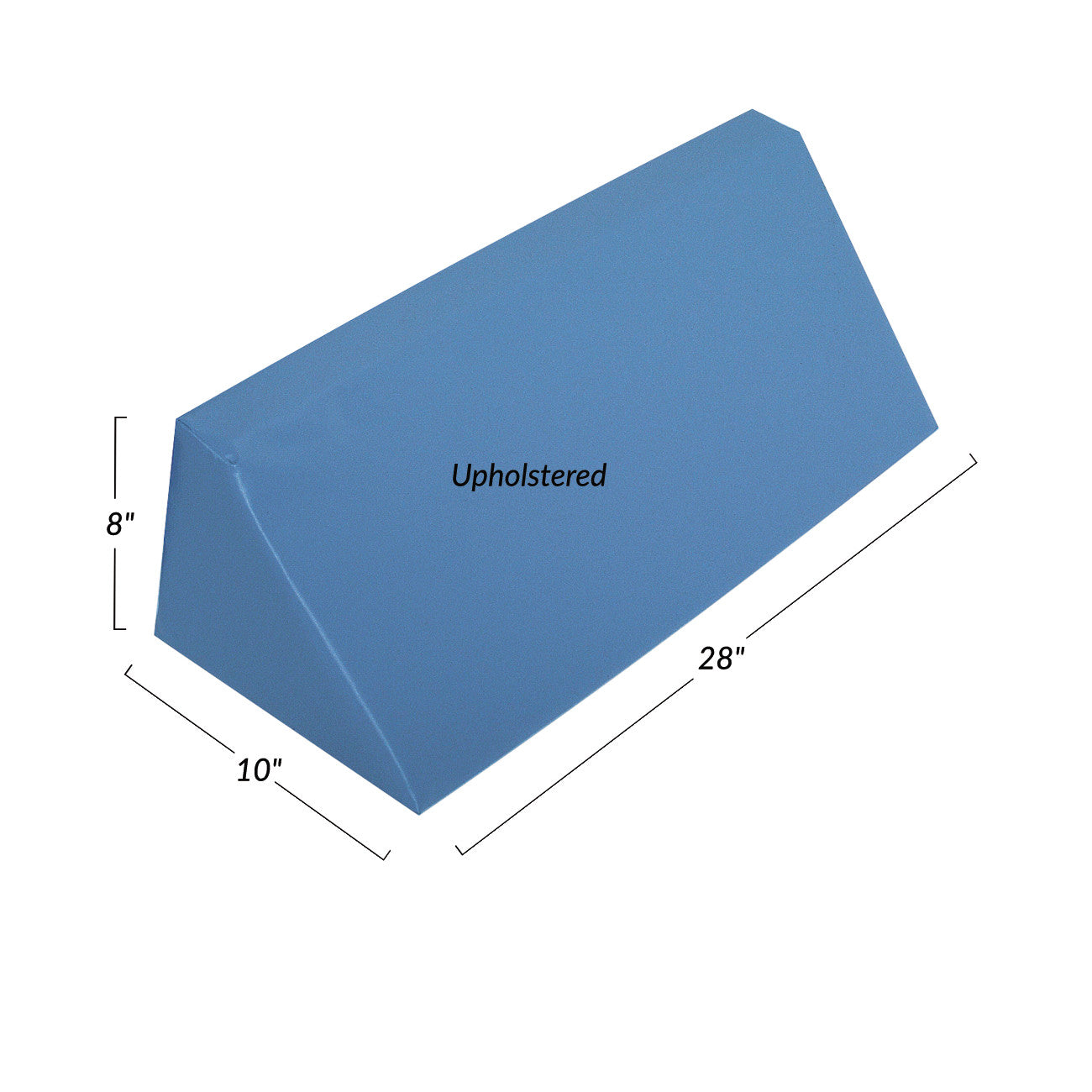 Blue AliMed Upholstered Body Positioning Wedge with dimensions: 28" length, 10" width, and 8" height.