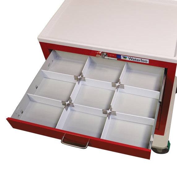 A red drawer from the Waterloo Healthcare Steel Medical Cart Accessory: Cut & Clip Drawer Divider System is open, showing dividers.