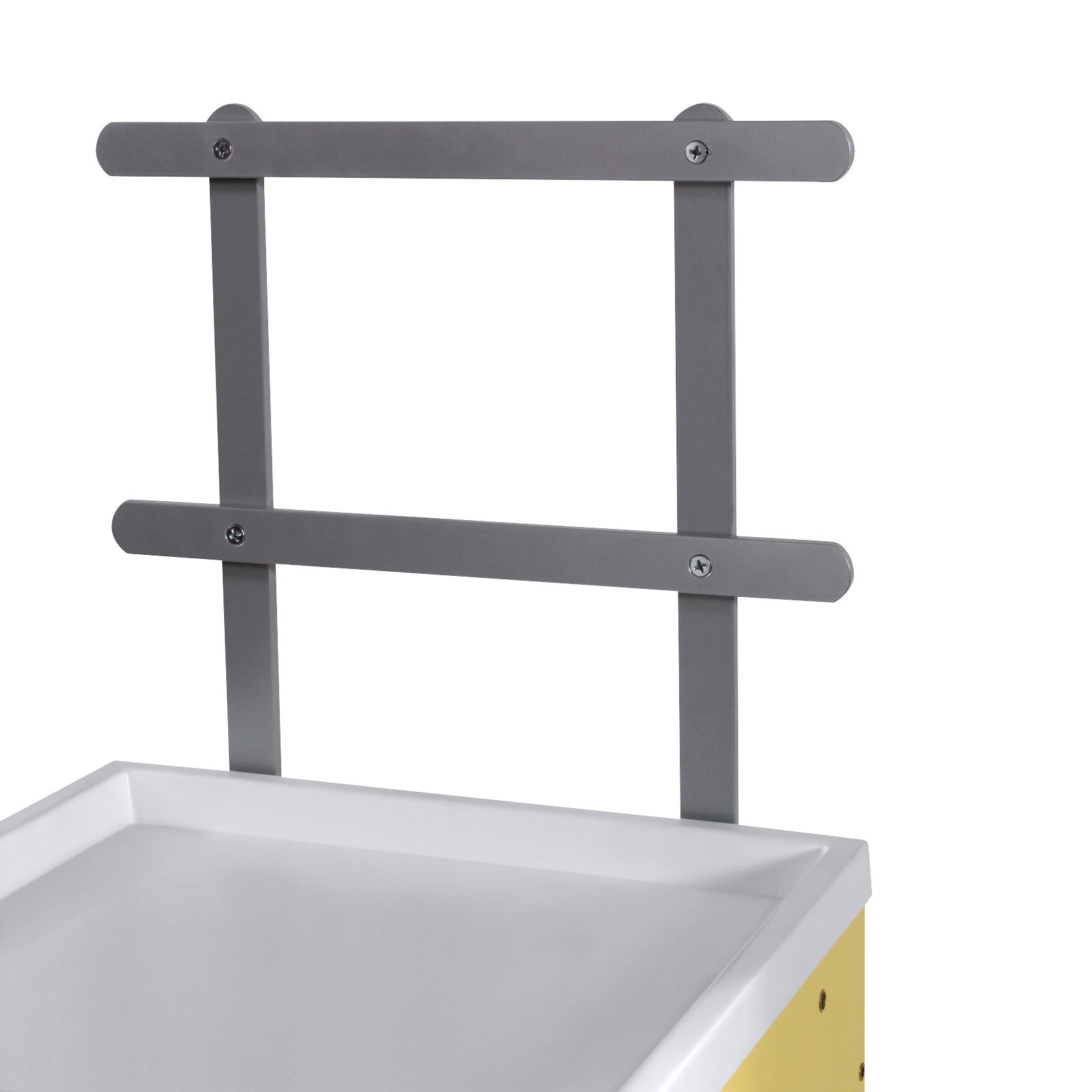Harloff Mini Cart Accessory: Raised Rail Back System, featuring a gray metal frame with horizontal bars attached to a cart.