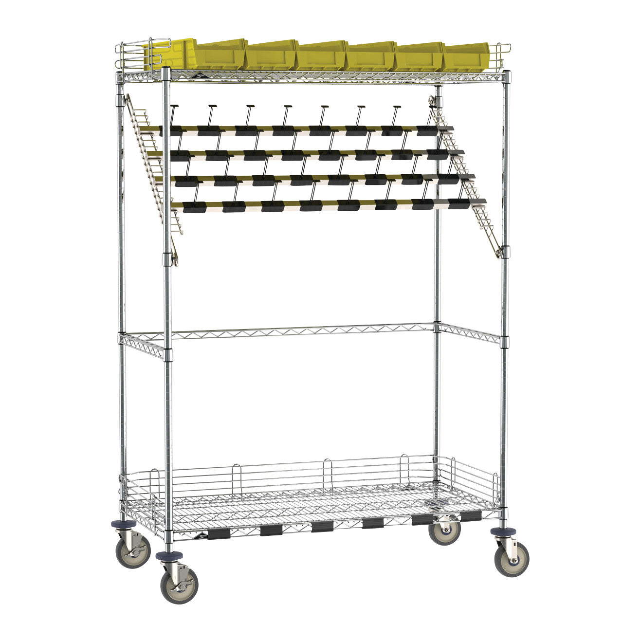 A Metro Super Erecta Wire Catheter Procedure Cart, Bulk Storage Style, with yellow bins and black catheters on wheels.