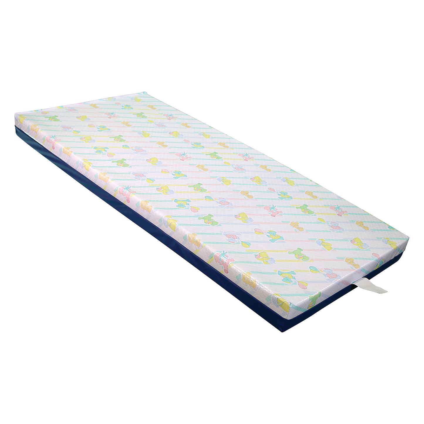 Novum Medical Crib Mattress with a colorful animal pattern on a white background, featuring a blue edge and a side handle.