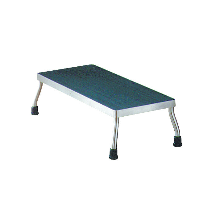 The UMF Stainless Steel Step Stool features a rectangular platform with non-slip surface and four sturdy legs with rubber feet.
