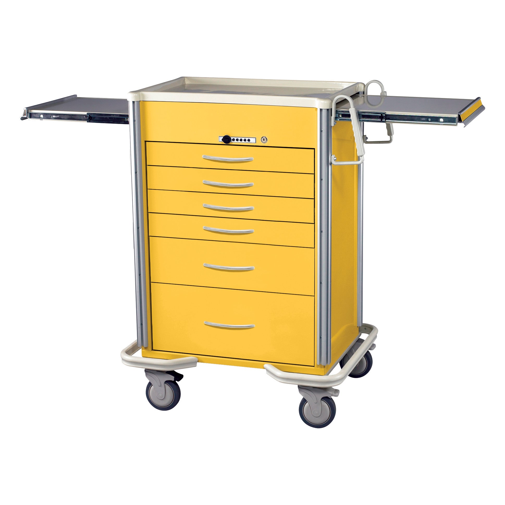 Yellow AliMed Select Series 6-Drawer Anesthesia/Procedure Cart with Push-Button Lock, featuring 27" drawer space and wheels.