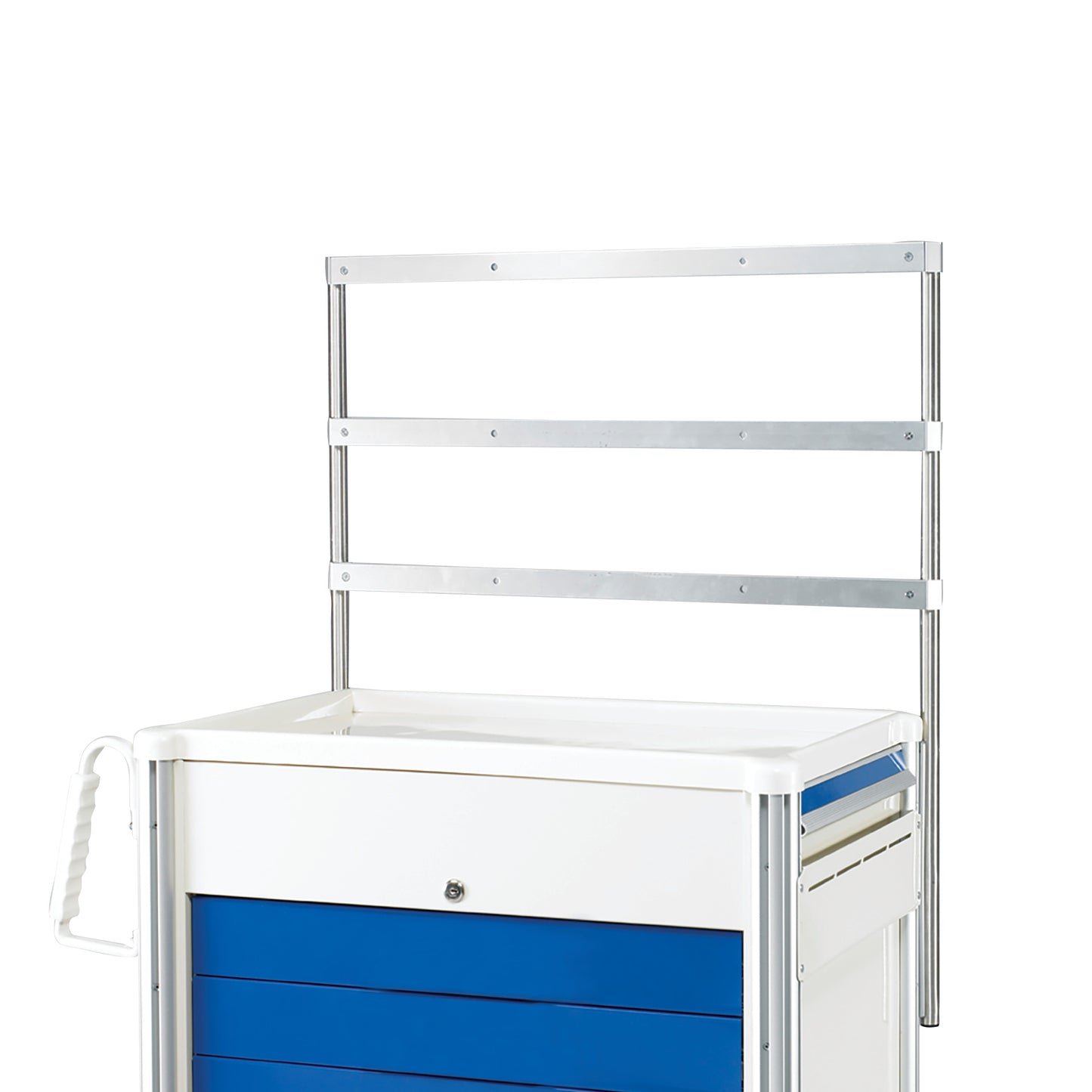 AliMed Cart Accessory: Trellis System for Mini/Select/Standard/Wide Series Medical Carts attached to a white and blue medical cart.