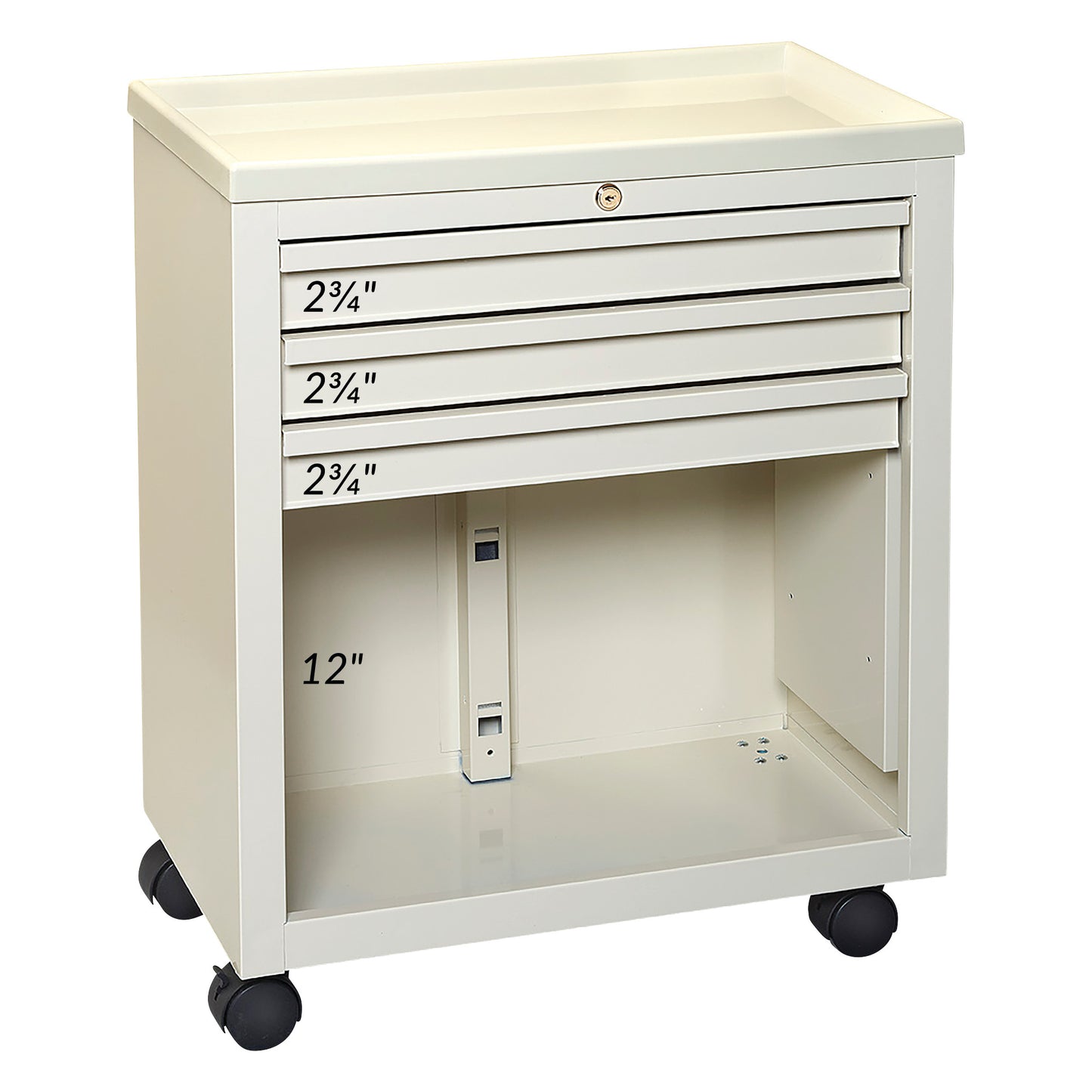 AliMed Economy Medical Cart with three drawers labeled 2�" and a 12" open storage area. It has four wheels for mobility.
