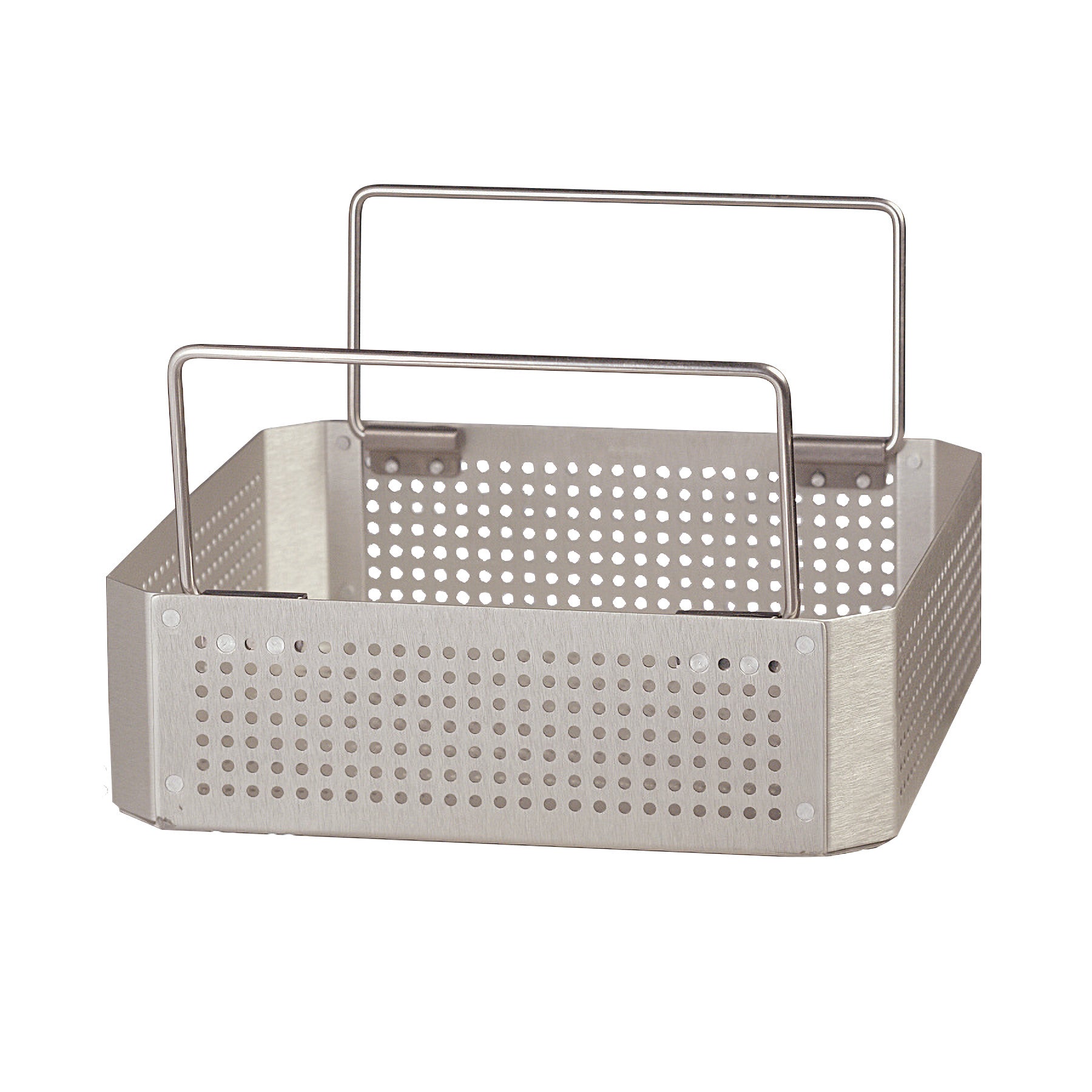 Three stacked Half Size Inner Trays for SteriSet Containers with perforated metal sides and handles.