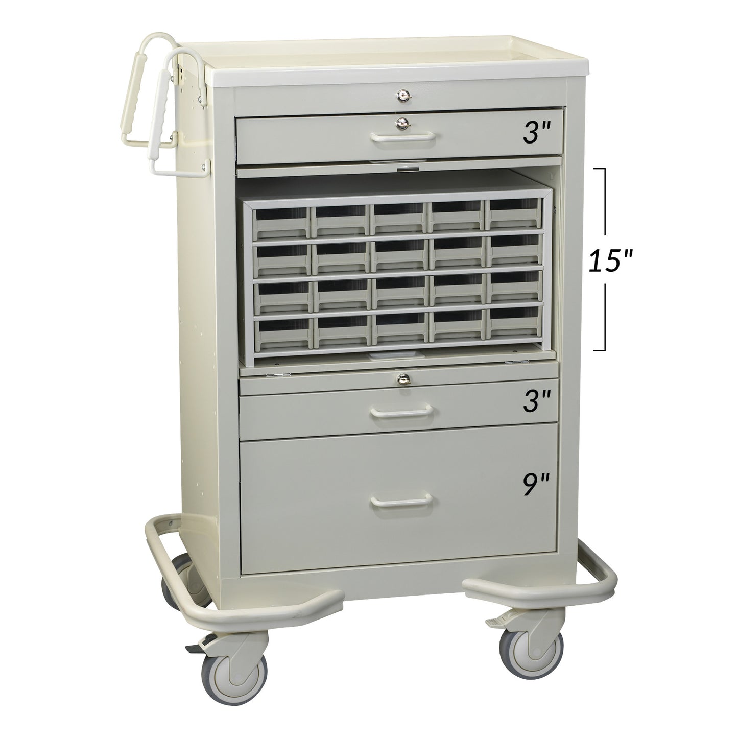 AliMed Medication Cart with Key Lock, featuring three drawers, multiple small compartments, and wheels. Dimensions are labeled.