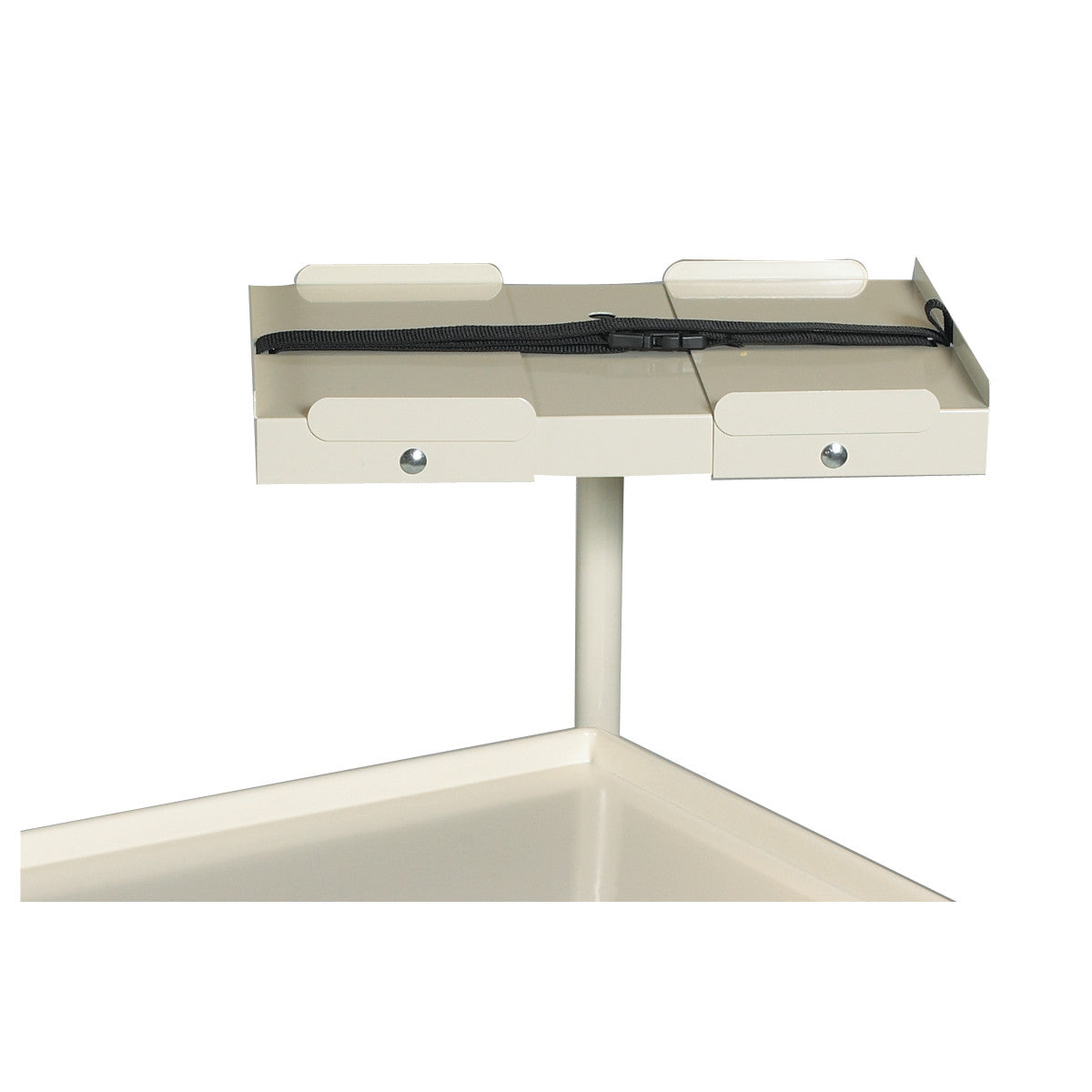 AliMed Cart Accessory: Corner Defibrillator Shelf for Select/Standard/Wide Series Medical Carts with a strap on top and two drawers.