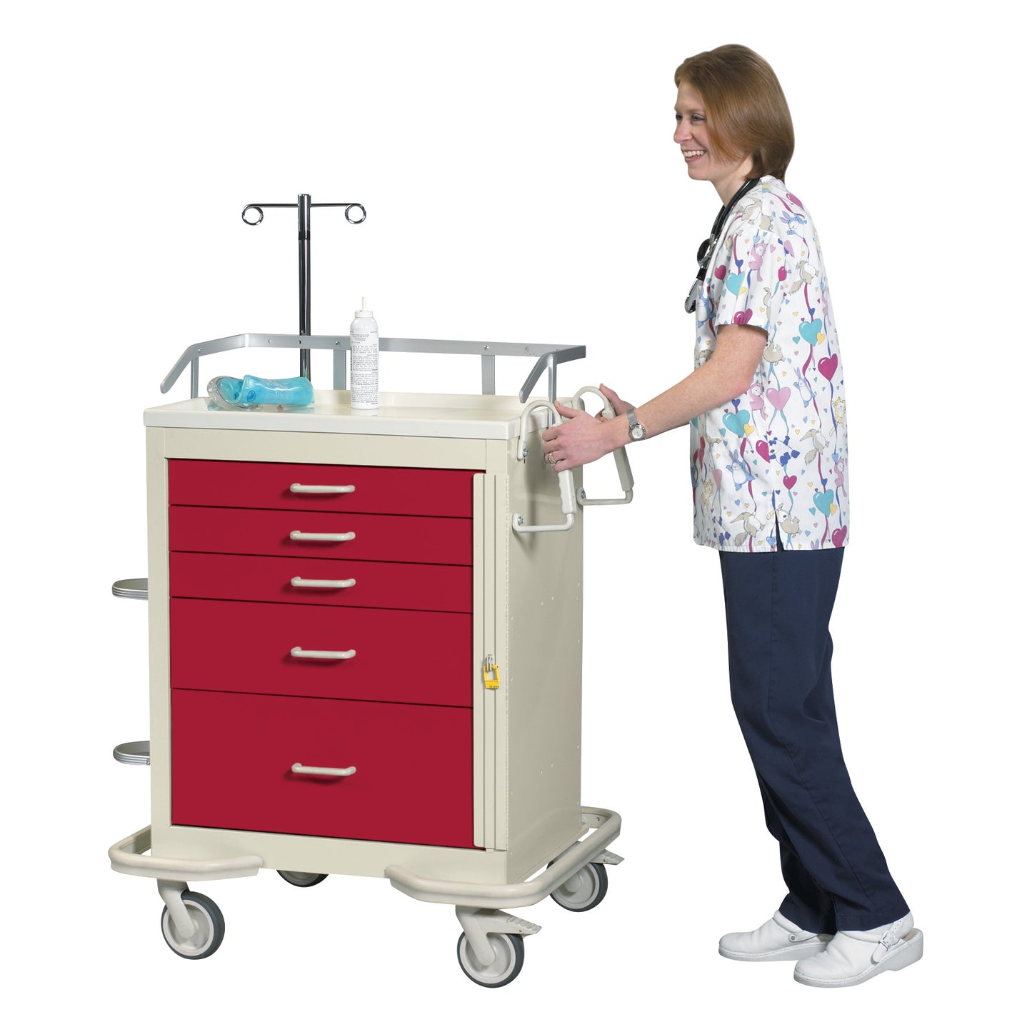 A nurse pushes a medical cart with red drawers, part of Accessory Packages for AliMed Standard Series Emergency Medical Carts.