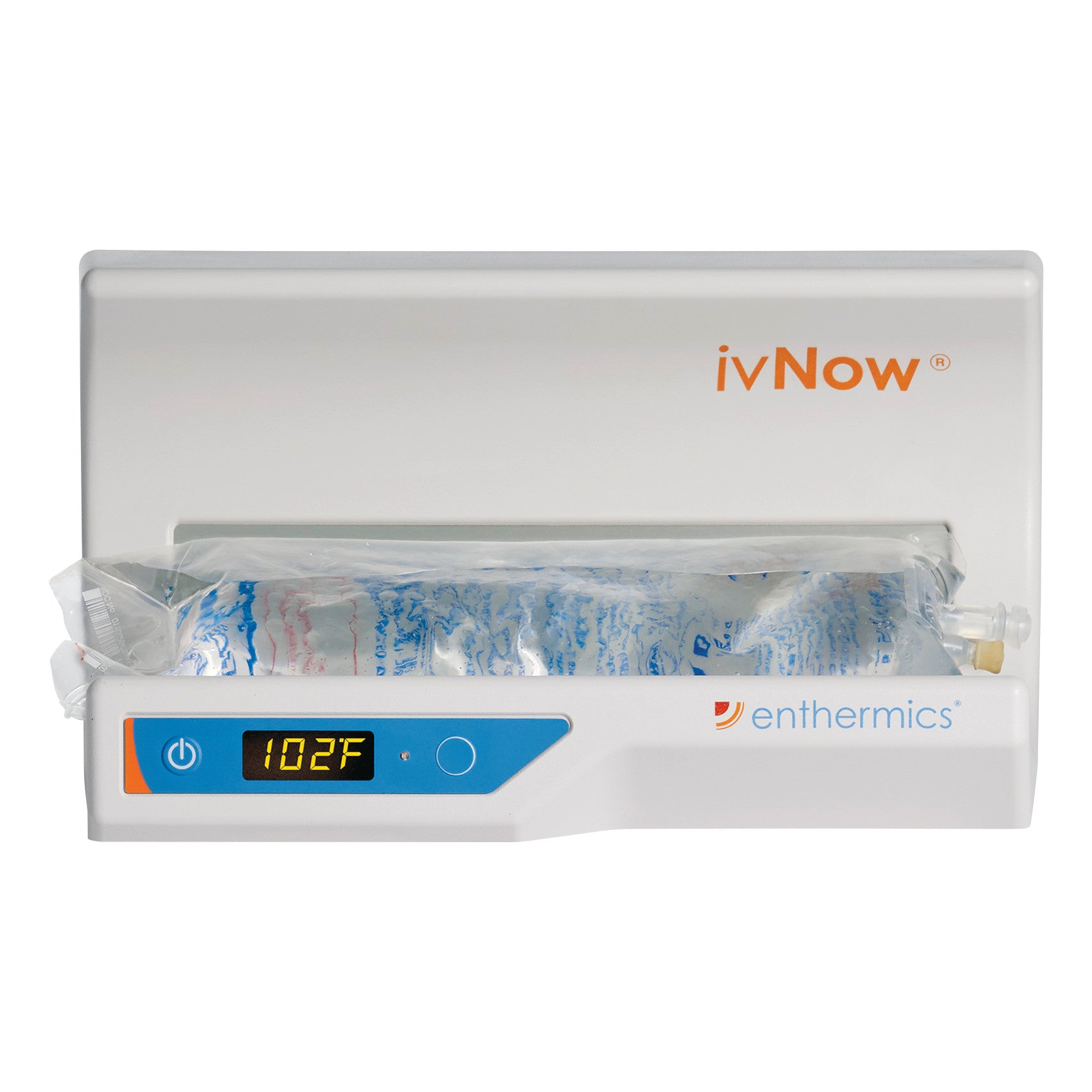 The ivNow Fluid Warmer displays a temperature of 102�F and contains a fluid bag, with its control panel visible.