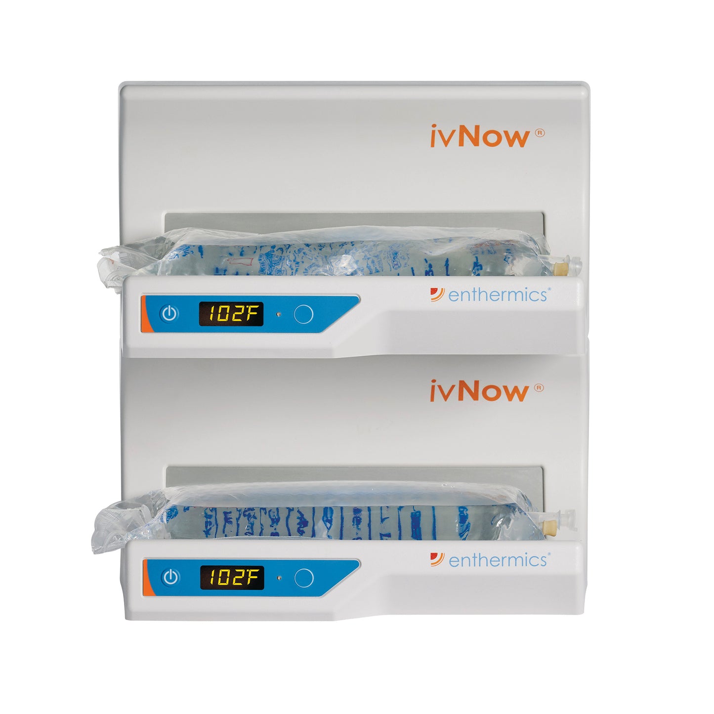 The ivNow Fluid Warmer displays a temperature of 102�F while warming two IV fluid bags, featuring a digital screen and power button.