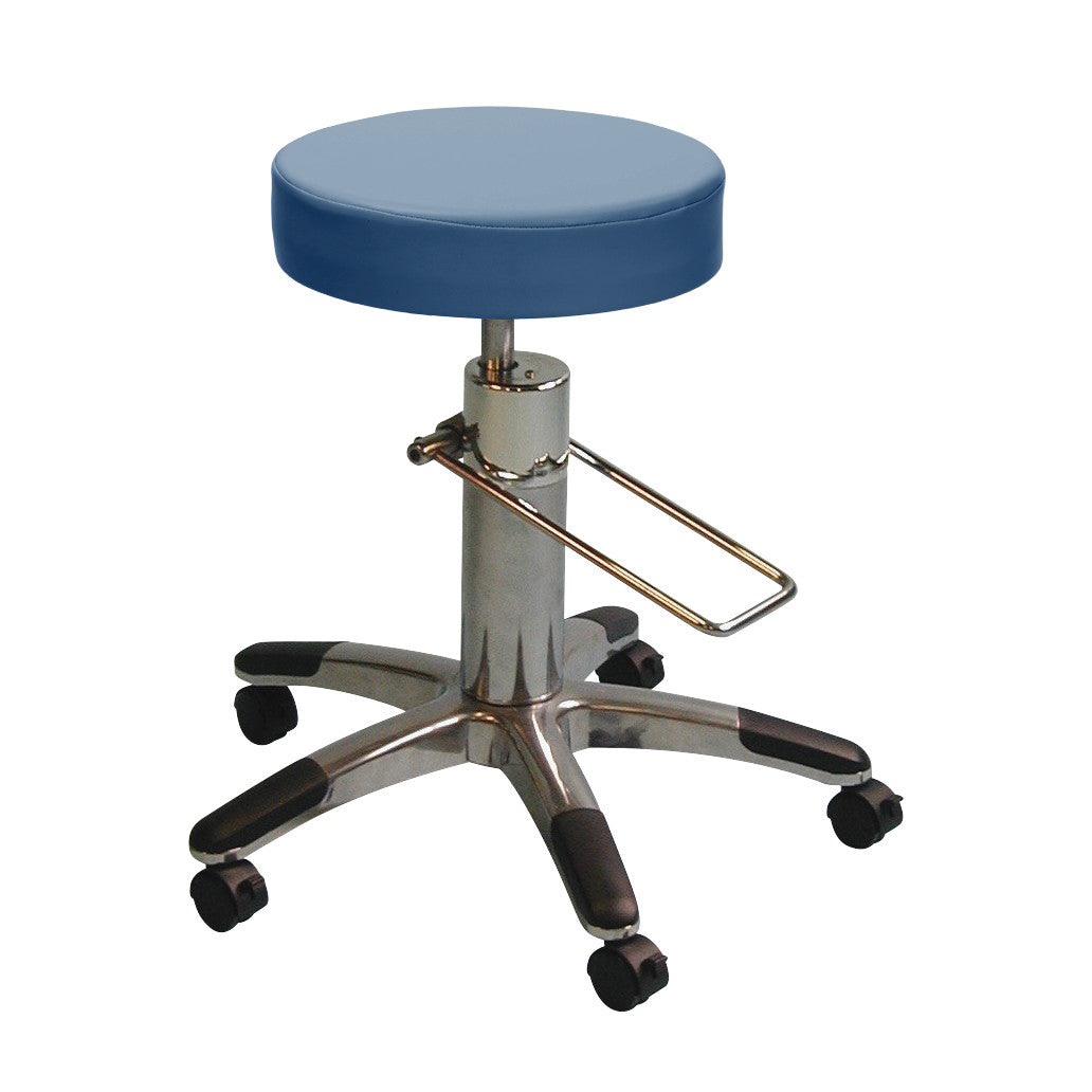 A Brandt Industries Hydraulic Stool with a blue round seat, chrome base, footrest, and five wheels for mobility.