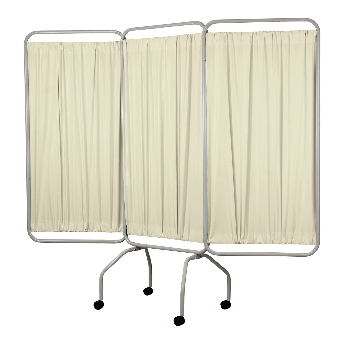 Champion Privess Basic Three-Panel Privacy Screen with beige curtains and metal frame on wheels for medical use.