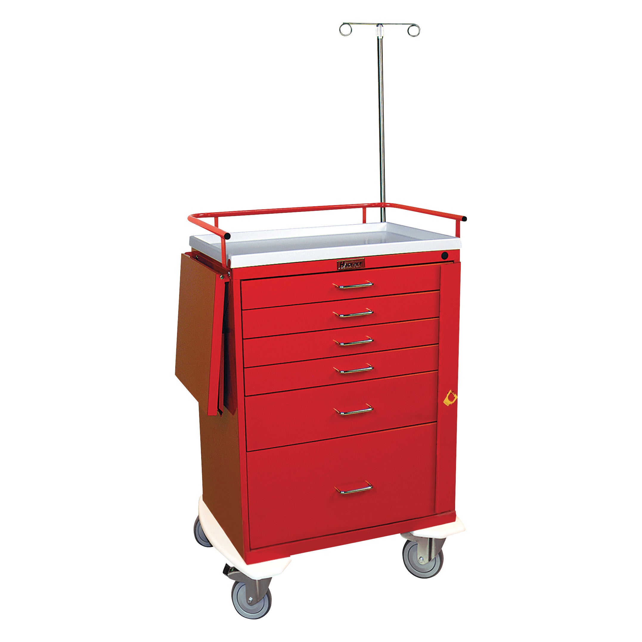 Red AliMed Quick Ship 6-Drawer Deluxe Emergency Cart with Accessories, featuring a rail, IV pole, and wheeled base for mobility.