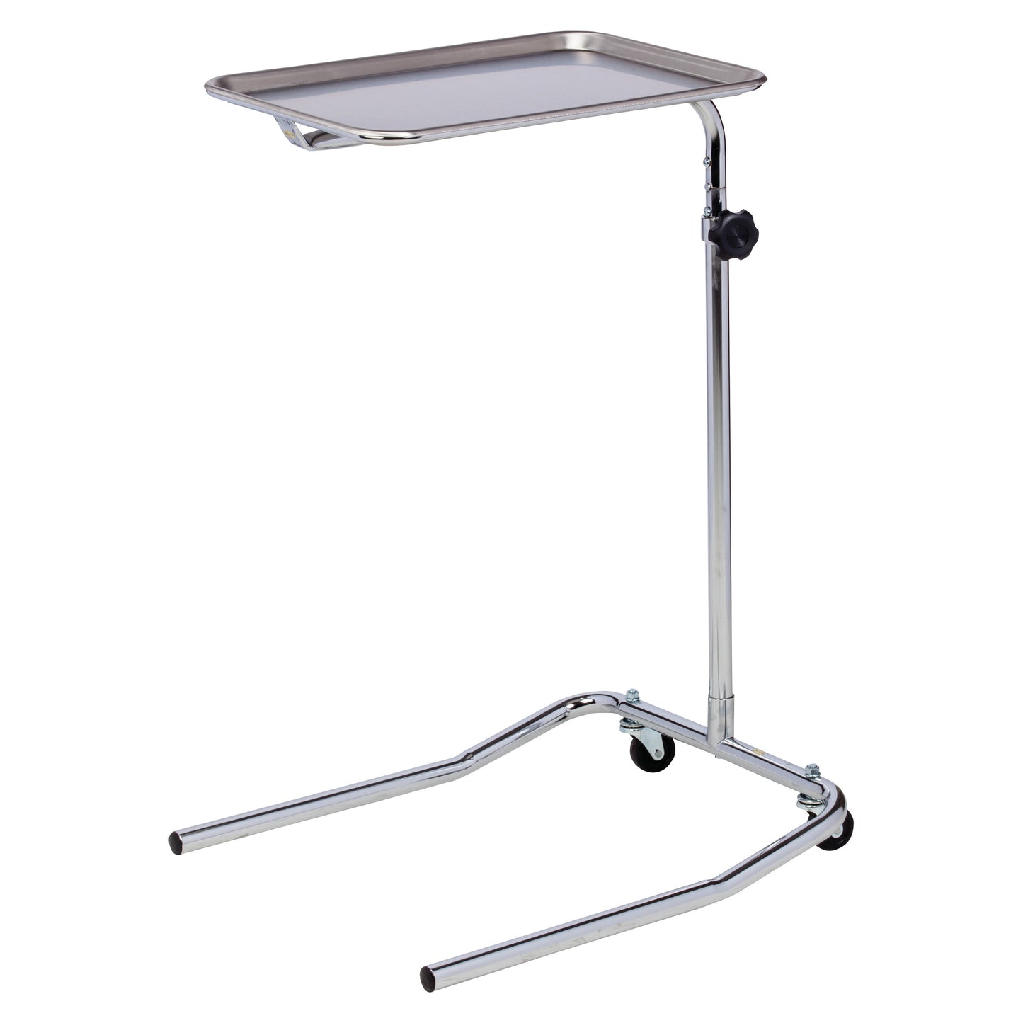 Clinton Single Post Mayo Stand with a rectangular tray on an adjustable, wheeled chrome base.