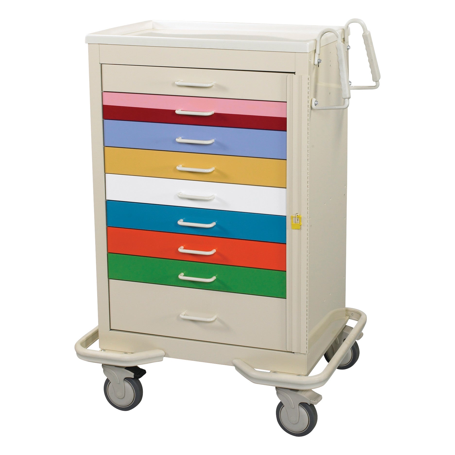 AliMed Standard Series 9-Drawer Pediatric Emergency Cart with colorful drawers, wheels, and handle for mobility.