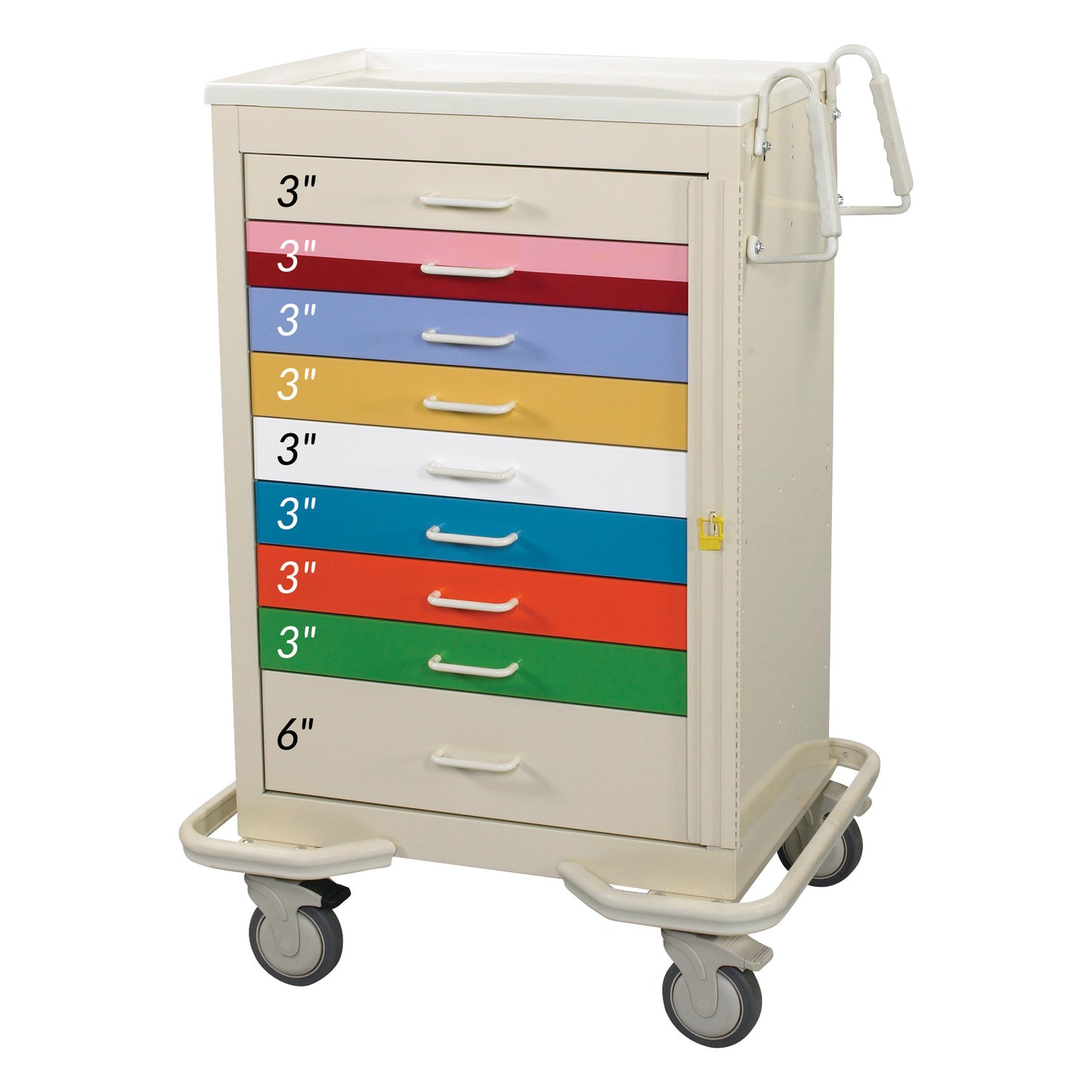 AliMed Standard Series 9-Drawer Pediatric Emergency Cart with colorful 3-inch drawers and one 6-inch drawer, on wheels.