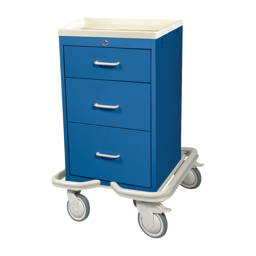 The AliMed Mini Series 3-Drawer Isolation Tower Cart with Key Lock is blue, has three drawers, and four wheels for mobility.
