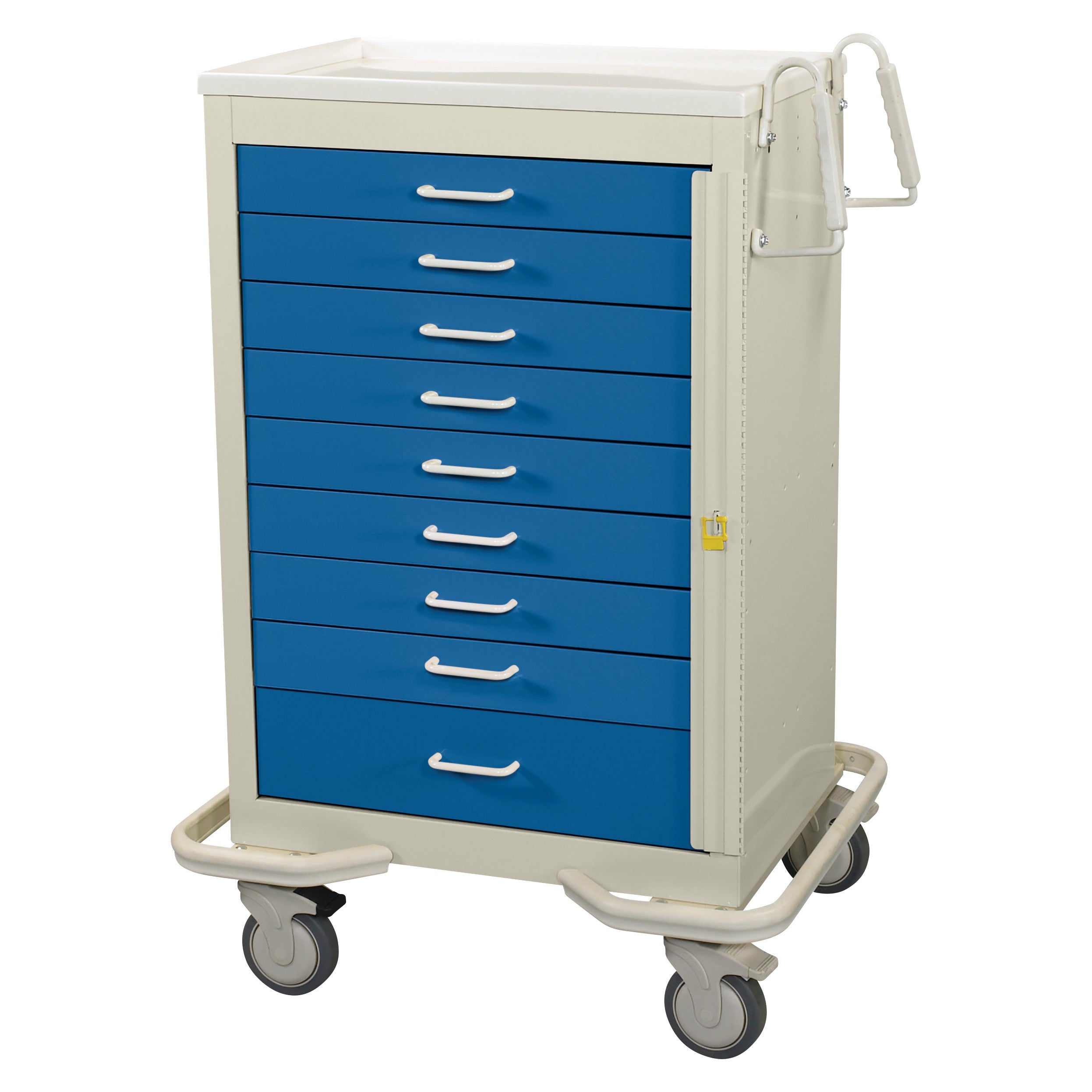 AliMed Standard Series 9-Drawer Emergency Cart features blue drawers, a beige frame, and wheels for mobility.