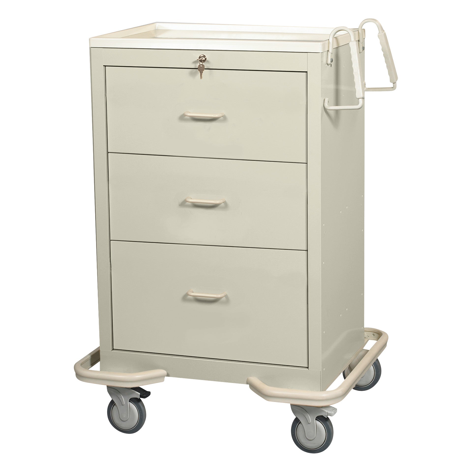 AliMed Standard Series 3-Drawer Isolation Cart with Key Lock features three drawers, caster wheels, and a top handle.