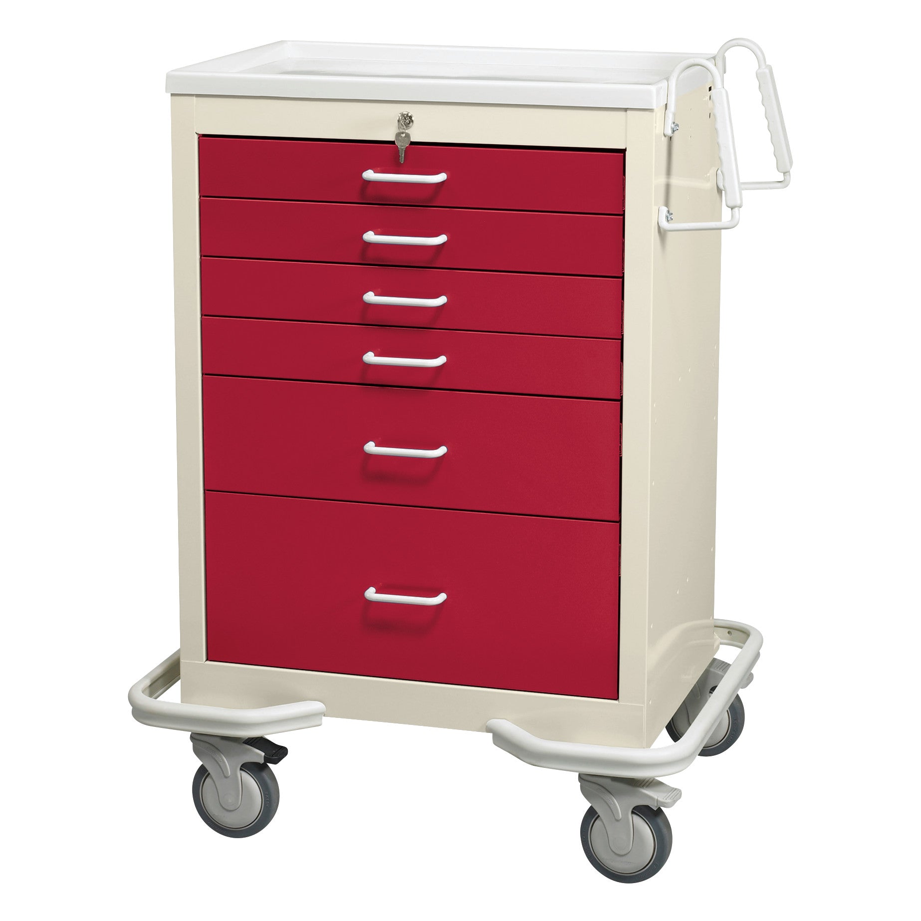 The AliMed Standard Series 6-Drawer Anesthesia/Procedure Cart with Key Lock, 27" Drawer Space, features red drawers and swivel casters.
