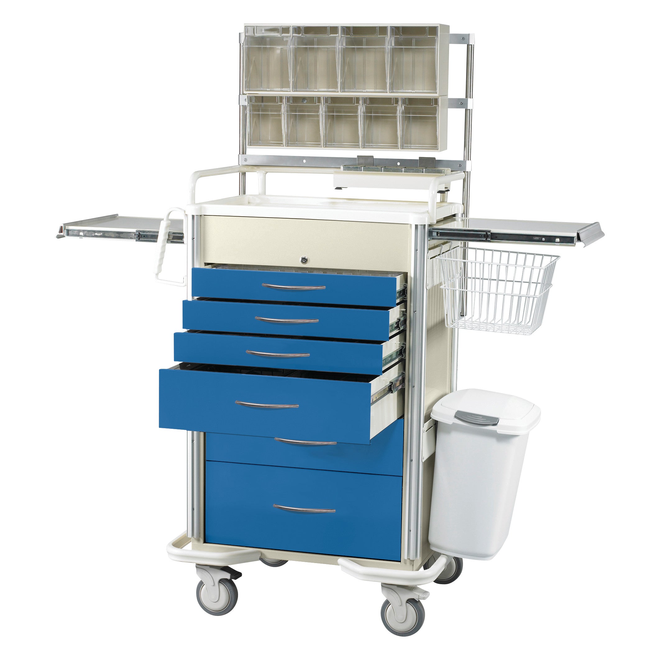 Accessory Packages for AliMed Select Series Anesthesia Medical Carts, featuring blue drawers, slide-out trays, and storage bins.