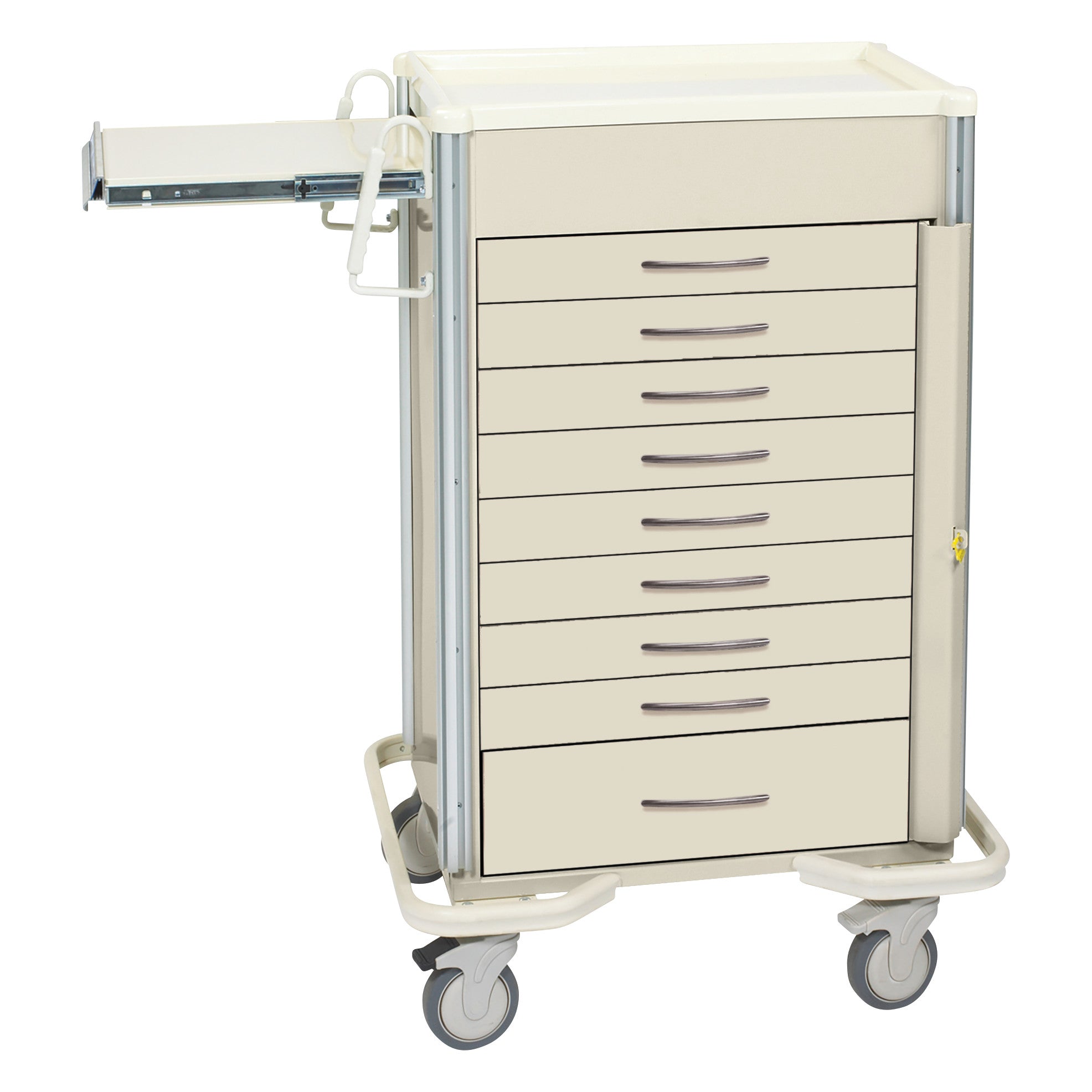 AliMed Select Series 9-Drawer Emergency Cart with wheels and an extended side tray, designed for medical use.