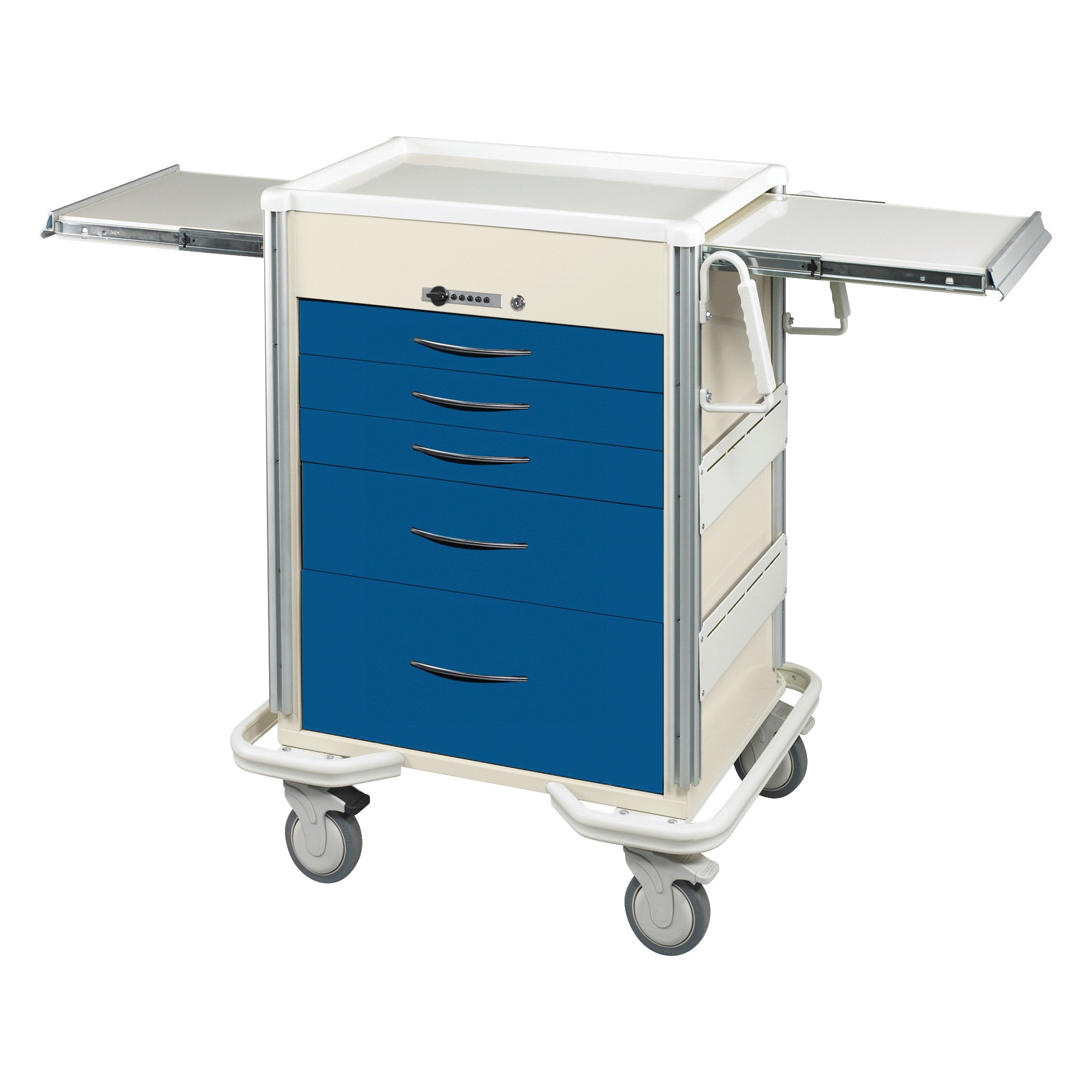 AliMed Select Series 5-Drawer Anesthesia/Procedure Cart with Push-Button Lock, featuring blue drawers, side trays, and wheels.