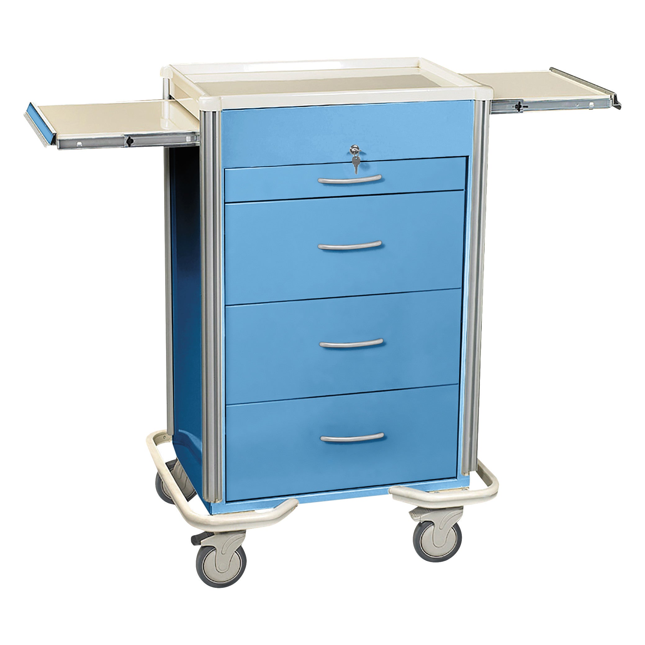 AliMed Select Series 4-Drawer Isolation Cart with Key Lock, blue, with wheels and two slide-out shelves.